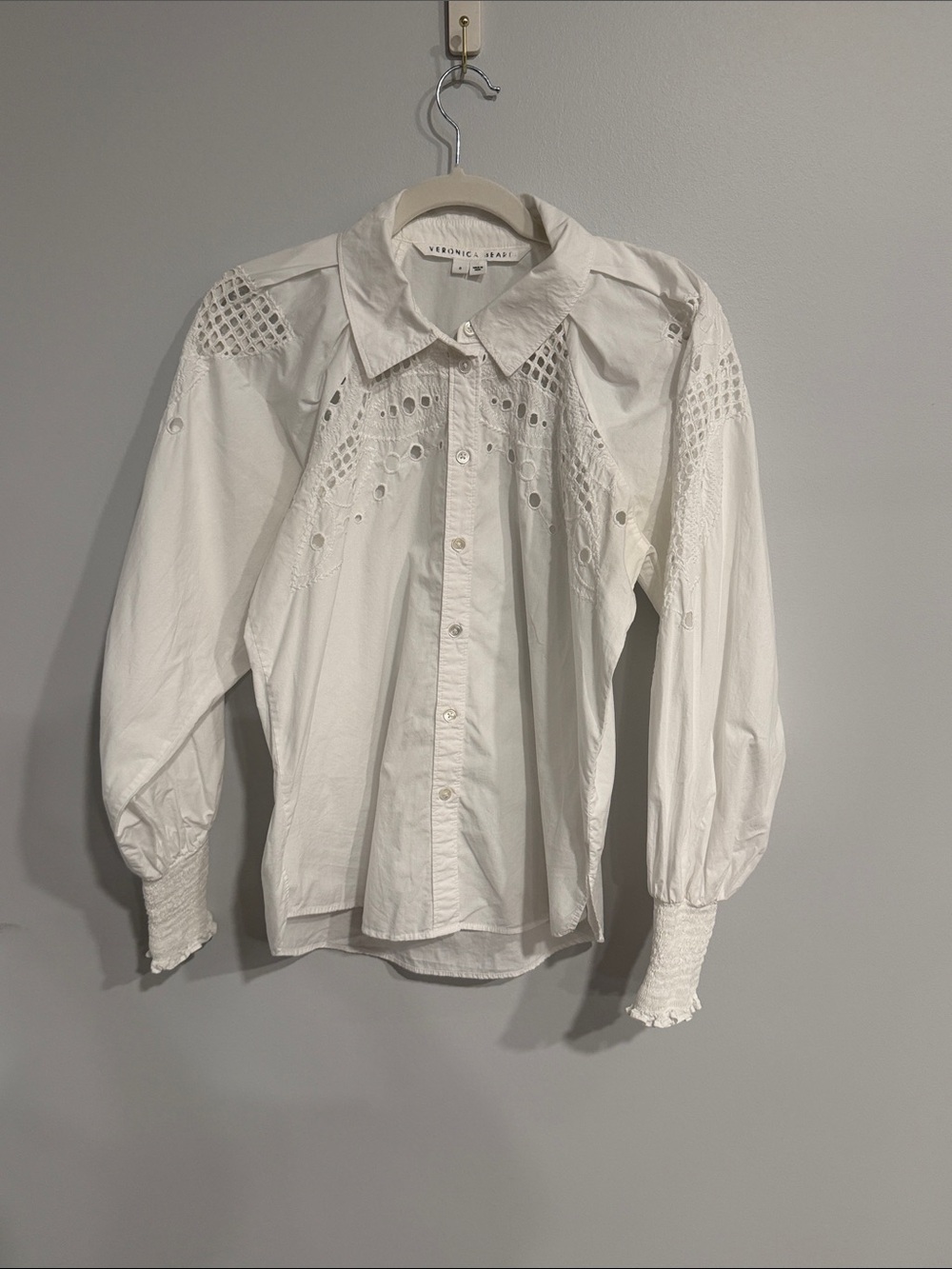 Veronica Beard White Eyelet Button-Down Blouse with Smocked Cuffs